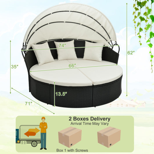 Clamshell Patio Round Daybed Wicker with Retractable Canopy and Pillows-Off White