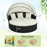 Clamshell Patio Round Daybed Wicker with Retractable Canopy and Pillows-Off White