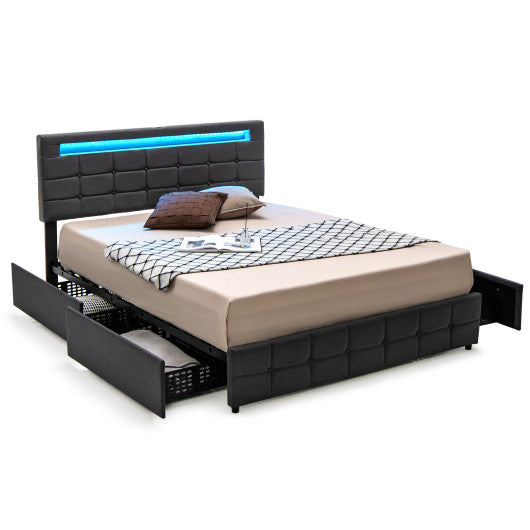 Upholstered Queen LED Bed Frame with Headboard and 4 Drawers-Queen Size