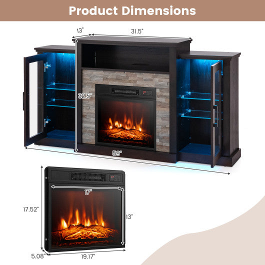 Fireplace TV Stand with 16-Color Led Lights for TVs up to 65 Inch-Dark Brown