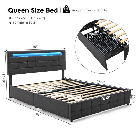 Upholstered Queen LED Bed Frame with Headboard and 4 Drawers-Queen Size