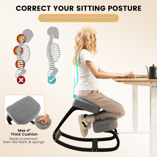 Wooden Ergonomic Backless Rocking Kneeling Chair with Padded Cushion-Gray