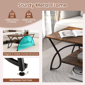 2-Tier Faux Marble Coffee Table with Marble Top and Metal Frame-Rustic Brown