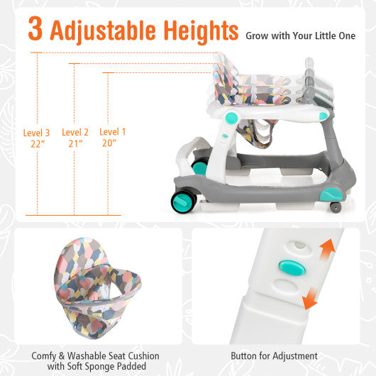 2-in-1 Foldable Activity Push Walker with Adjustable Height-Gray