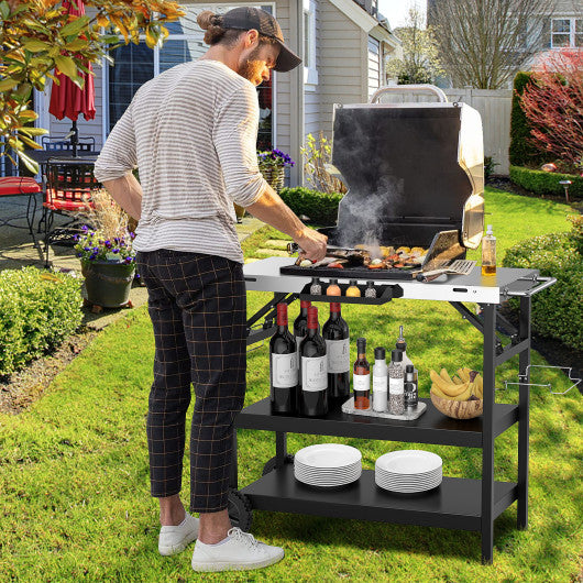 3 Tiers Foldable Outdoor Cart on 2 Wheels with Phone Holder-Black