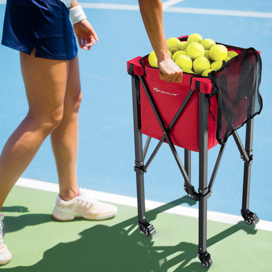 Lightweight Foldable Tennis Ball Teaching Cart with Wheels and Removable Bag-Red