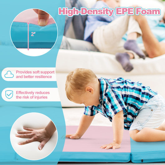 Folding Gymnastics Mat with Carry Handles and Sweatproof Detachable PU Leather Cover-Blue