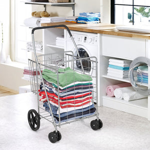 Folding Shopping Cart for Laundry with Swiveling Wheels and Dual Storage Baskets-Sliver