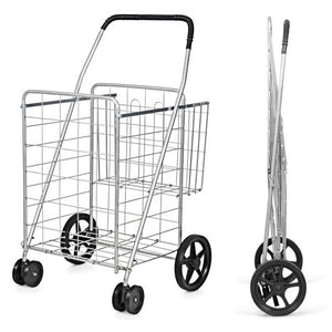 Folding Shopping Cart for Laundry with Swiveling Wheels and Dual Storage Baskets-Sliver