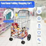 Folding Shopping Cart for Laundry with Swiveling Wheels and Dual Storage Baskets-Sliver