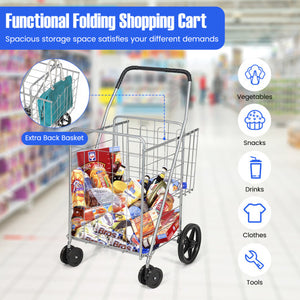 Folding Shopping Cart for Laundry with Swiveling Wheels and Dual Storage Baskets-Sliver