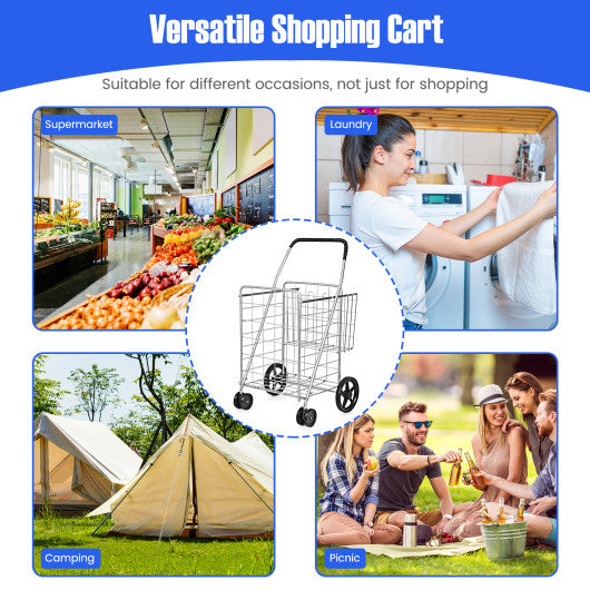 Folding Shopping Cart for Laundry with Swiveling Wheels and Dual Storage Baskets-Sliver