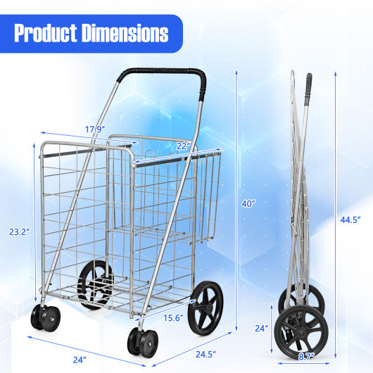 Folding Shopping Cart for Laundry with Swiveling Wheels and Dual Storage Baskets-Sliver
