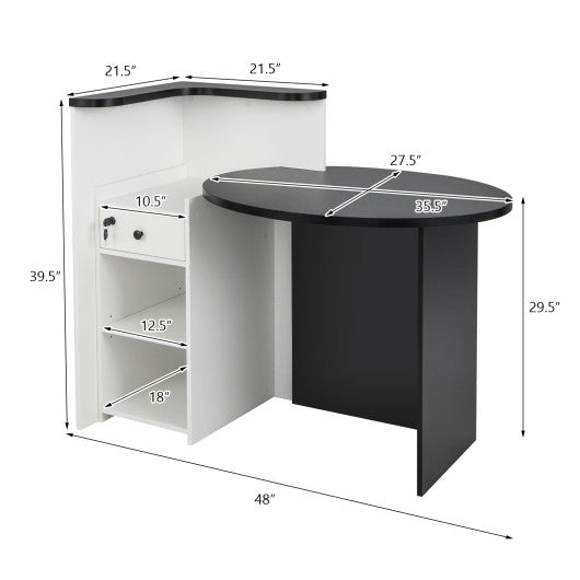 Front Reception Office Desk with Open Shelf and Lockable Drawer-Black & White