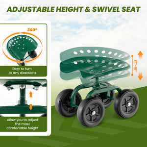 Garden Rolling Workseat with 360 °Swivel Seat and Adjustable Height-Green