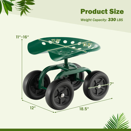 Garden Rolling Workseat with 360 °Swivel Seat and Adjustable Height-Green