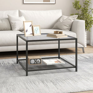 Modern 2-Tier Square Glass Coffee Table with Mesh Shelf-Gray