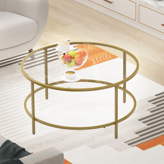 35.5 Inch Round Coffee Table with Tempered Glass Tabletop-Golden