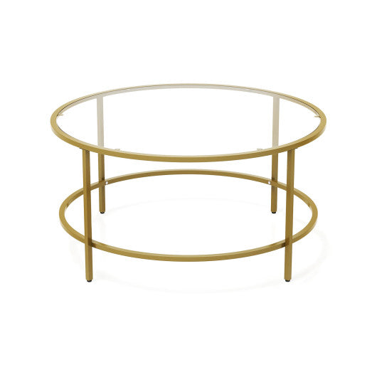 35.5 Inch Round Coffee Table with Tempered Glass Tabletop-Golden