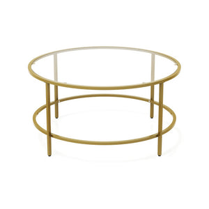 35.5 Inch Round Coffee Table with Tempered Glass Tabletop-Golden