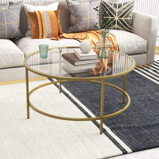 35.5 Inch Round Coffee Table with Tempered Glass Tabletop-Golden