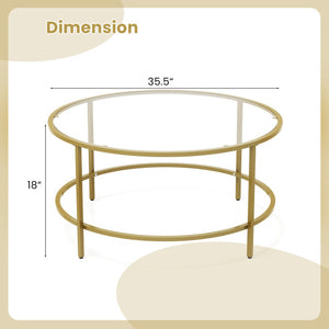 35.5 Inch Round Coffee Table with Tempered Glass Tabletop-Golden