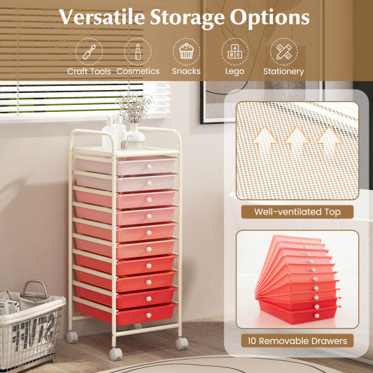 10 Drawer Rolling Storage Cart Organizer with 4 Universal Casters-Gradient Pink