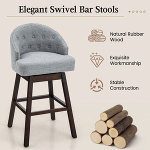 Set of 2 Swivel Bar Stools with Rubber Wood Legs and Padded Back-Gray