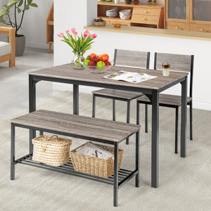 4 Pieces Rustic Dining Table Set with 2 Chairs and Bench-Gray