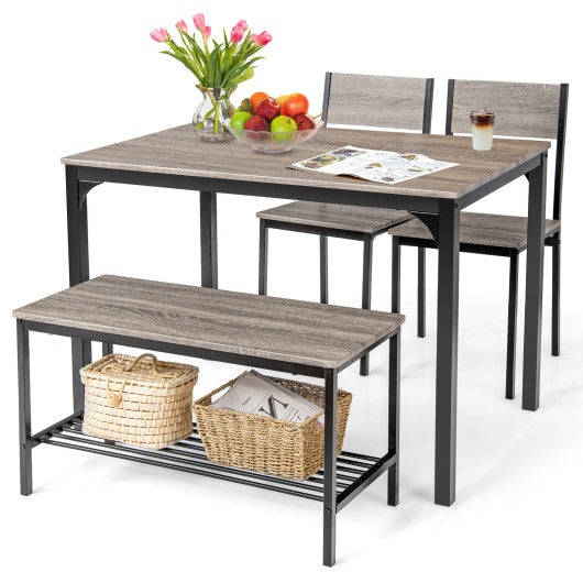 4 Pieces Rustic Dining Table Set with 2 Chairs and Bench-Gray