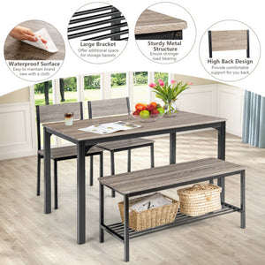 4 Pieces Rustic Dining Table Set with 2 Chairs and Bench-Gray