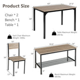 4 Pieces Rustic Dining Table Set with 2 Chairs and Bench-Gray