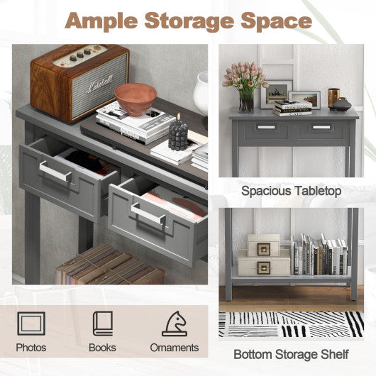 Narrow Console Table with Drawers and Open Storage Shelf-Gray
