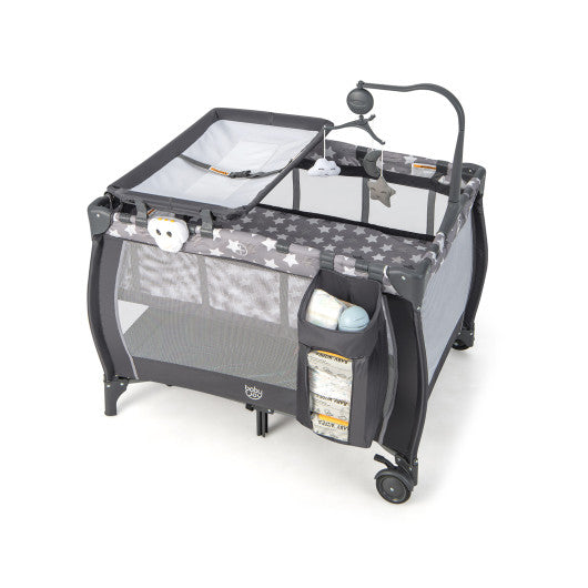 Portable Baby Playard with Changing Table Bassinet and Music Box-Gray