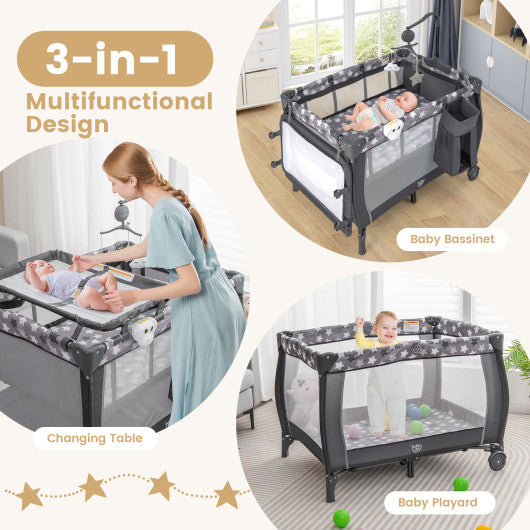 Portable Baby Playard with Changing Table Bassinet and Music Box-Gray