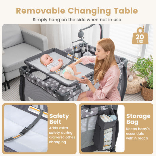 Portable Baby Playard with Changing Table Bassinet and Music Box-Gray