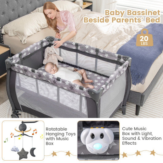 Portable Baby Playard with Changing Table Bassinet and Music Box-Gray