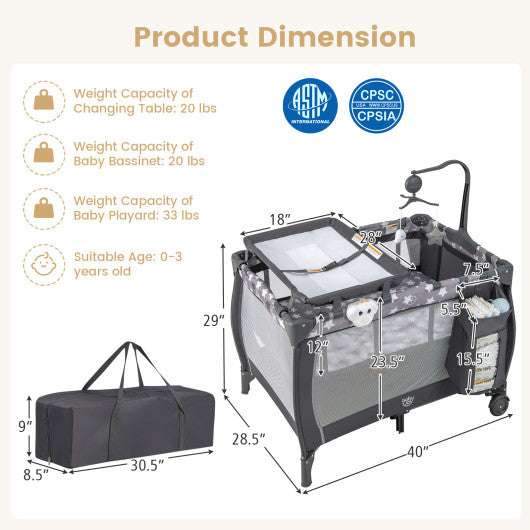 Portable Baby Playard with Changing Table Bassinet and Music Box-Gray
