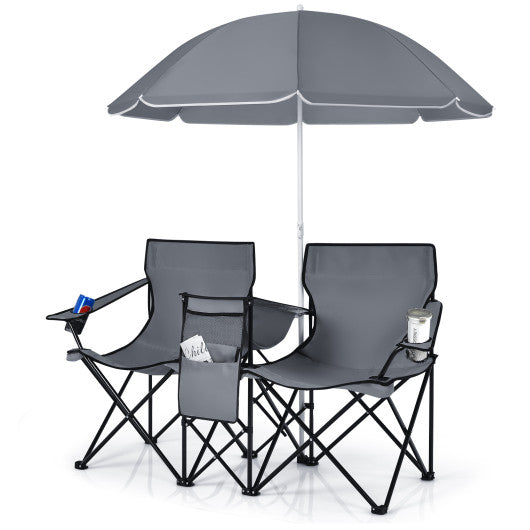 Portable Folding Picnic Double Chair With Umbrella-Gray