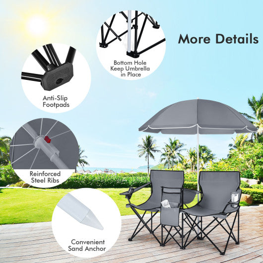 Portable Folding Picnic Double Chair With Umbrella-Gray
