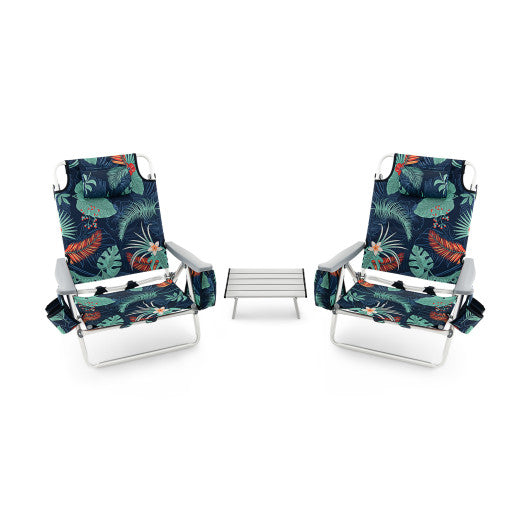 2 Packs 5-Position Outdoor Folding Backpack Beach Table Chair Reclining Chair Set-Green