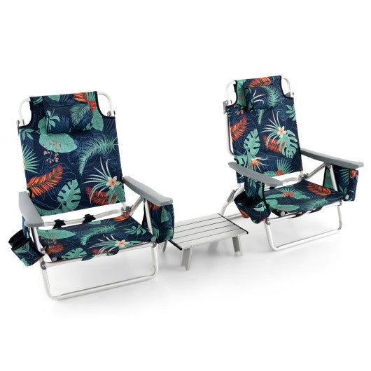 2 Packs 5-Position Outdoor Folding Backpack Beach Table Chair Reclining Chair Set-Green