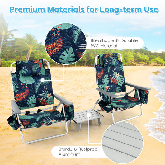2 Packs 5-Position Outdoor Folding Backpack Beach Table Chair Reclining Chair Set-Green