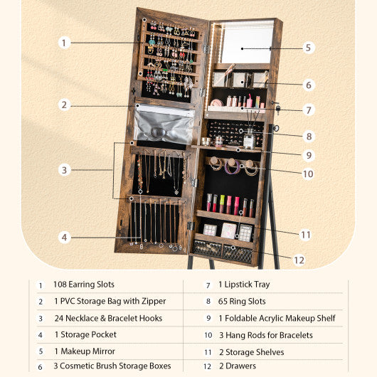 Freestanding Jewelry Cabinet with Full-Length Mirror-Rustic Brown