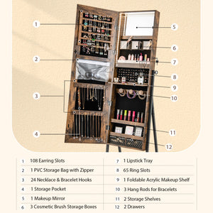 Freestanding Jewelry Cabinet with Full-Length Mirror-Rustic Brown