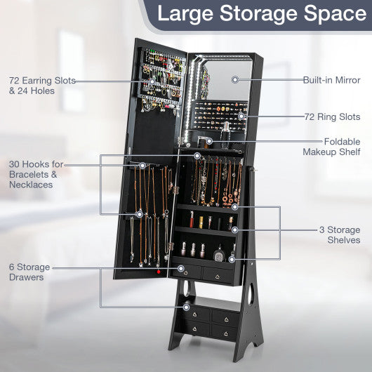 Freestanding Full Length LED Mirrored Jewelry Armoire with 6 Drawers-Black
