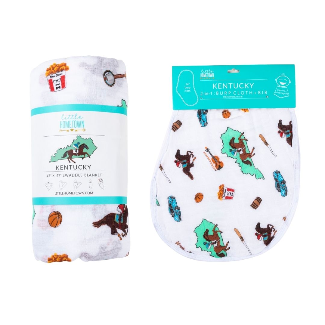 Gift Set: Kentucky Baby Muslin Swaddle Blanket and Burp Cloth/Bib Combo by Little Hometown