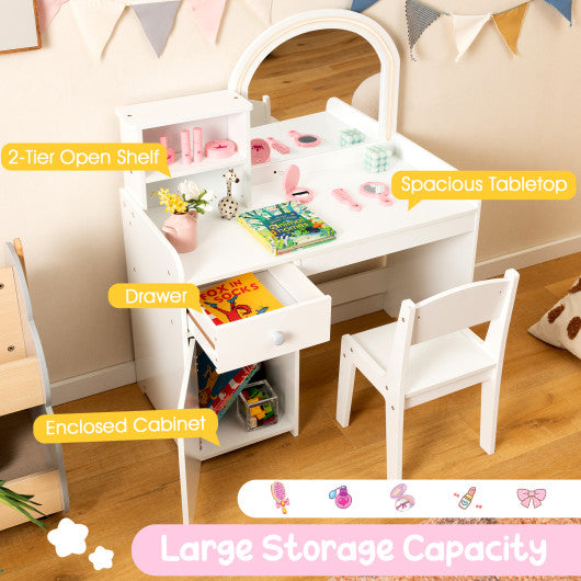Kids Vanity Table and Chair Set with Shelves Drawer and Cabinet-White