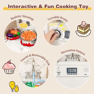 Kids Kitchen Playset with Adjustable LED Lights Removable Fabric Bins-White