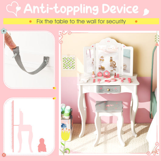 Kids Vanity Set with Tri-folding Mirror-White